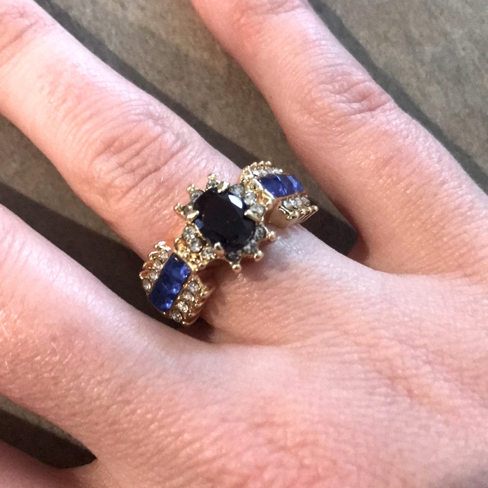 18k yellow gold filled blue sapphire ring sz 7 NEW